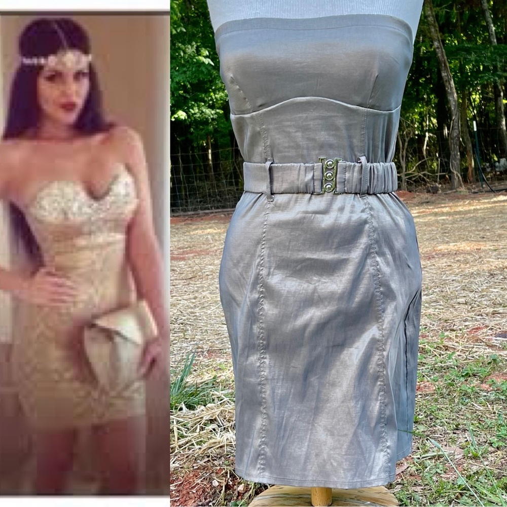 VTG METALLIC GOLD BUSTIER STRAPLESS PARTY DRESS STRETCHY BELT